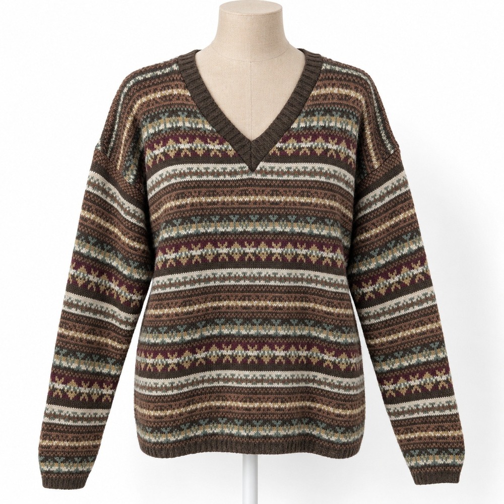 Vintage 90s Fair Isle V Neck Sweater Size L Brown Geometric Earthy Cottagecore
